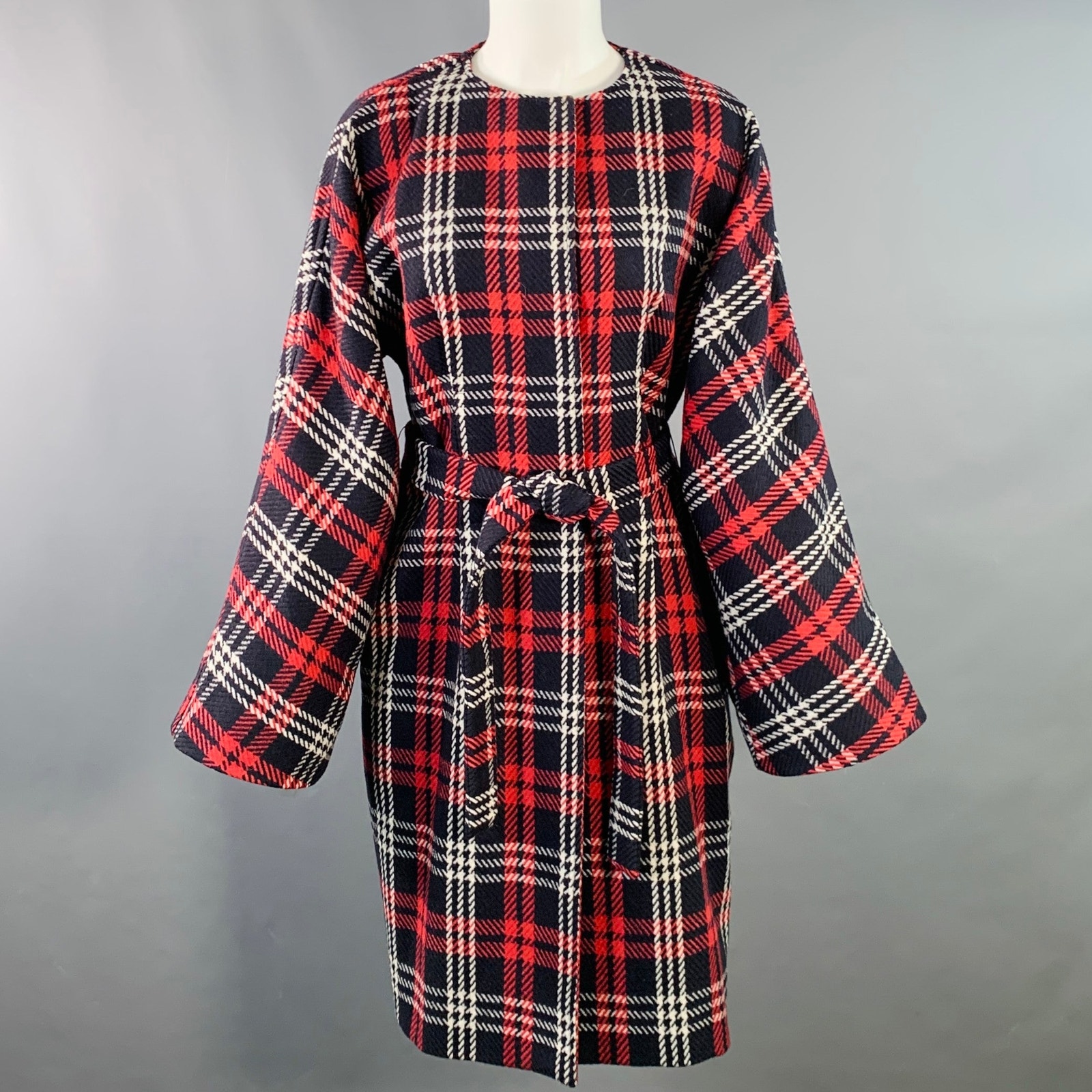 Les Copains Size S Black Red White Wool Plaid Collarless Belted Coat
